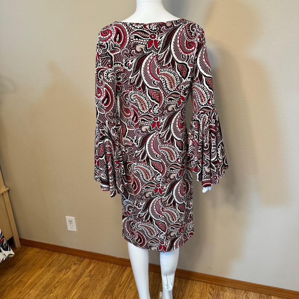 Shelby & Palmer Paisley Bell Sleeve Dress Size 10 Stretch Knit Boho Mod Retro - Picture 8 of 13